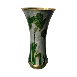 Hand-Painted Enamel Brass Vase with Flowers, Vintage 1980s